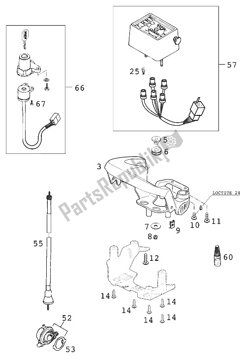 Toutes les pièces pour le Compteur De Vitesse - Support - Serrure De Contact du KTM 640 LC4 E S Moto Prestige Europe 2000