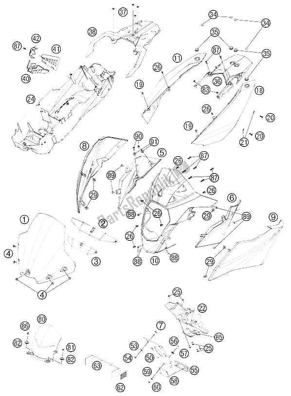 All parts for the Mask, Fender of the KTM 990 Superm T White ABS France 2012