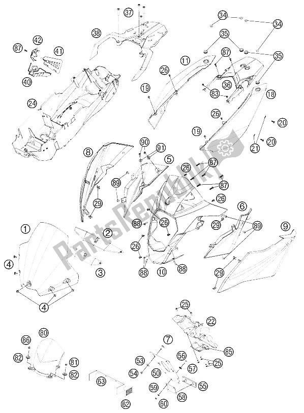 All parts for the Mask, Fender of the KTM 990 Superm T White ABS USA 2012