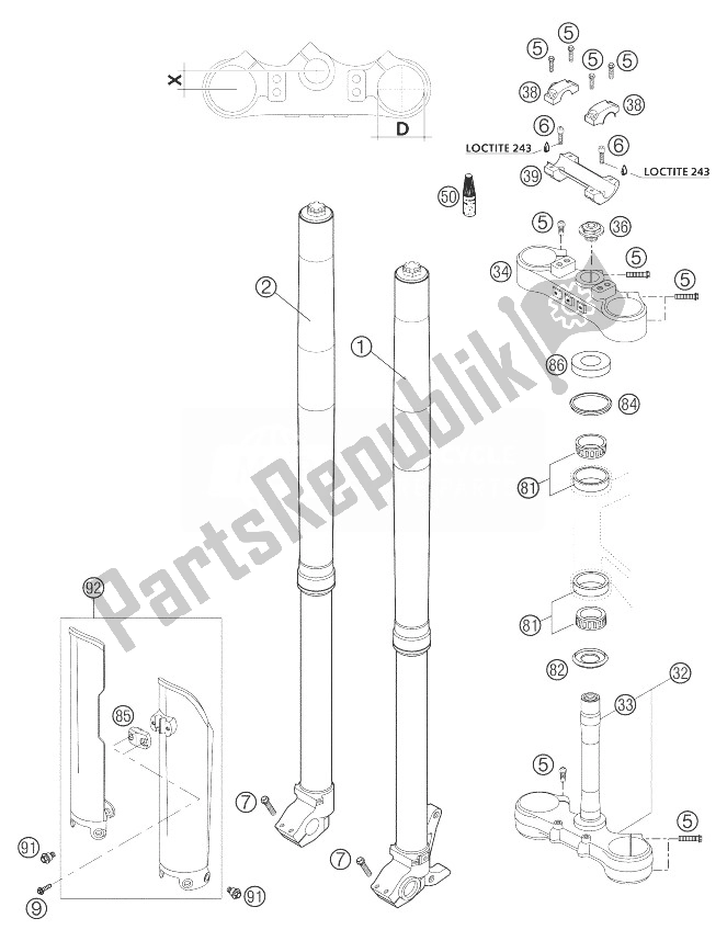 All parts for the Telescopic Fork Usd 43 Wp of the KTM 625 SXC USA 2004