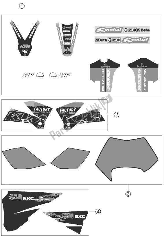 All parts for the Decal of the KTM 450 EXC Factory Racing Australia 2007