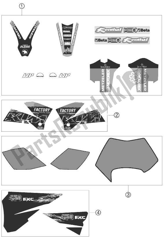 Tutte le parti per il Decalcomania del KTM 450 EXC Factory Racing Europe 2007