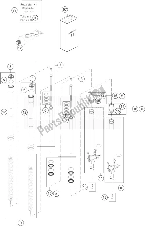 All parts for the Front Fork Disassembled of the KTM 1190 Adventure R ABS Europe 2013