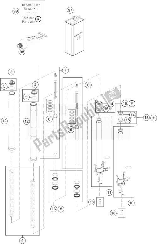 All parts for the Front Fork Disassembled of the KTM 1190 Adventure R ABS Japan 2013