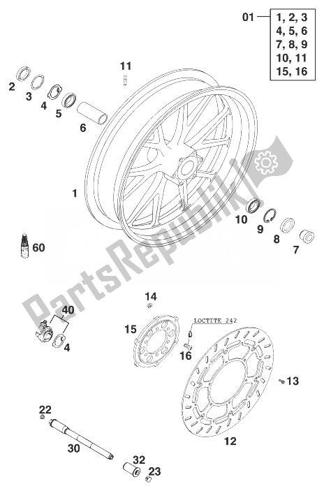 All parts for the Front Wheel Bbs Duke '99 of the KTM 640 Duke II Lime Europe 1999