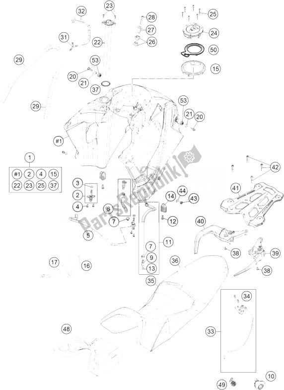 Alle onderdelen voor de Tank, Stoel, Deksel van de KTM 1190 Adventure R ABS USA 2014