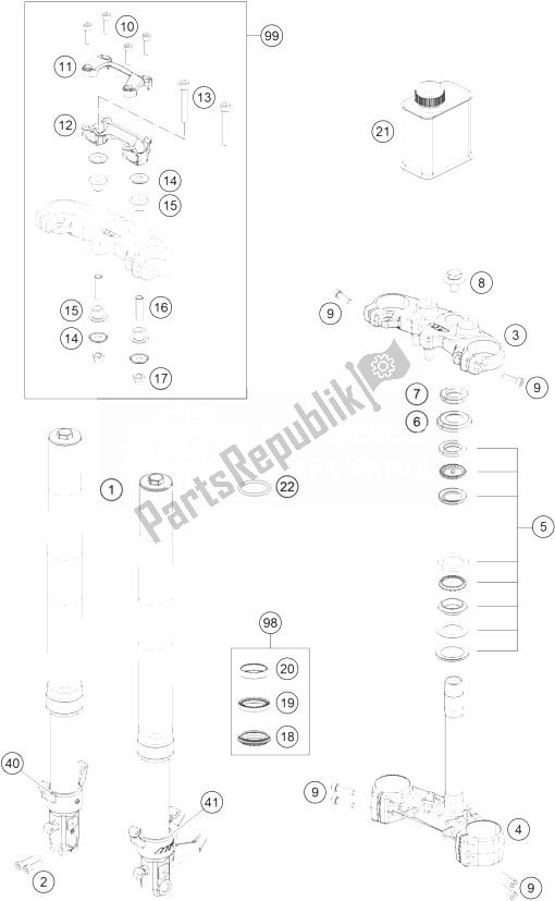 Tutte le parti per il Forcella Anteriore, Pinza Tripla del KTM 200 Duke Orange W O ABS B D 13 Europe 2013