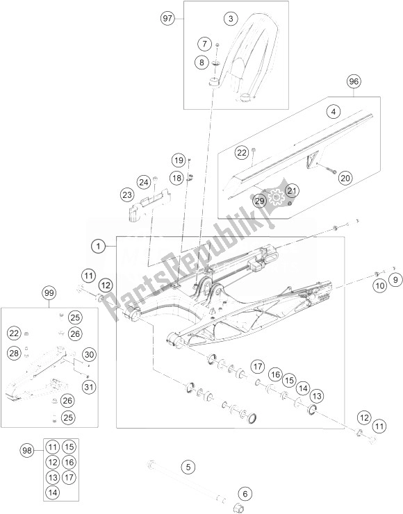 Tutte le parti per il Forcellone del KTM 200 Duke OR W O ABS CKD 15 Colombia 2014