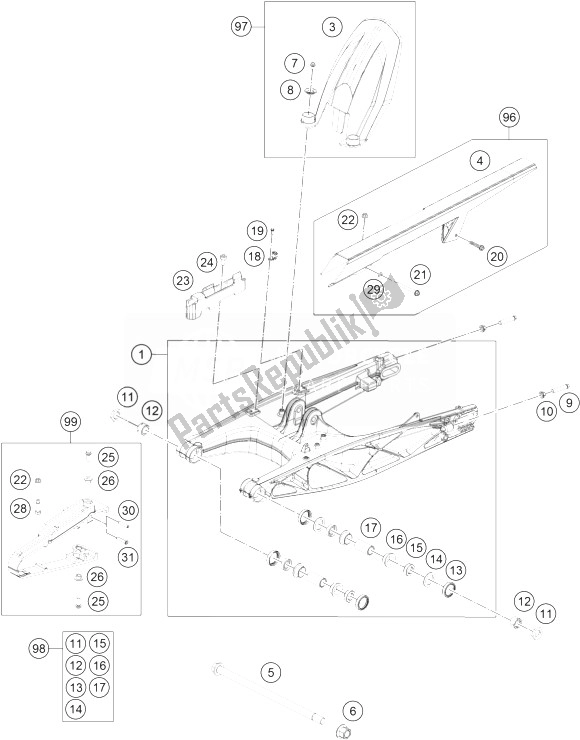 All parts for the Swing Arm of the KTM 390 Duke White ABS CKD Argentina 2014