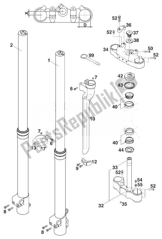 All parts for the Front Fork - Steering Stem Wp50 Extreme 400/540 of the KTM 620 SX 99 Europe 1999