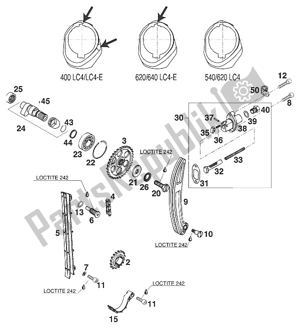 All parts for the Camshaft - Chain - Tensioner 400-620 Lc4 '98 of the KTM 400 EGS E 25 KW 20 LT MIL Europe 1997