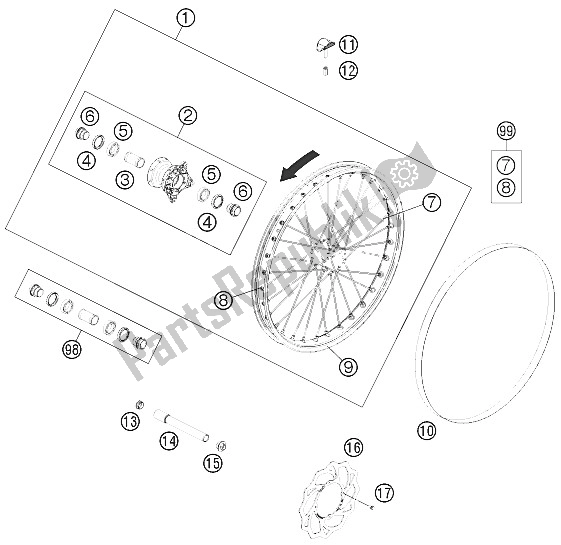 All parts for the Front Wheel of the KTM Freeride 350 Australia 2015