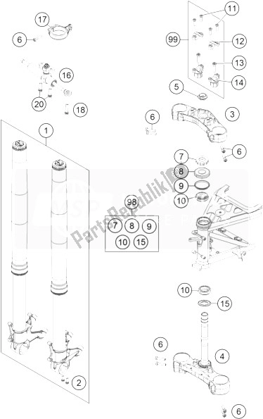 All parts for the Front Fork, Triple Clamp of the KTM 1190 Adventure ABS Grey USA 2014