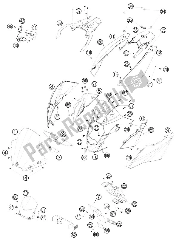 All parts for the Mask, Fenders of the KTM 990 Supermoto T Silver France 2009