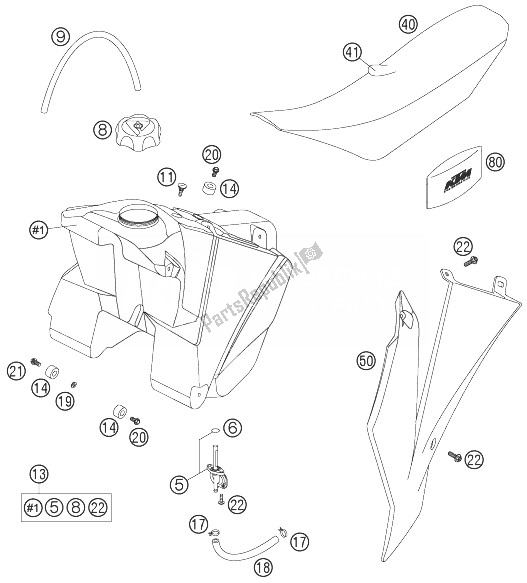 Todas las partes para Tanque, Asiento, Tapa de KTM 105 SX USA 2007