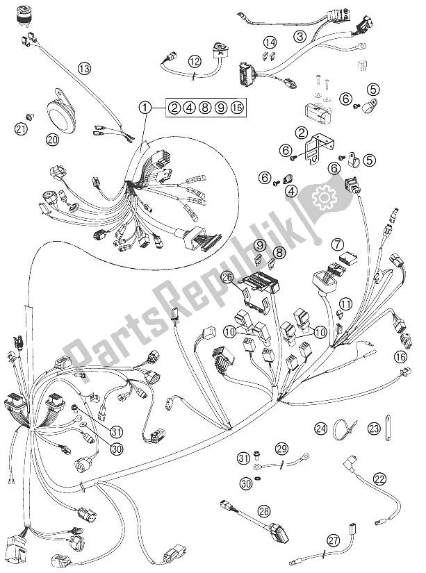 All parts for the Wiring Harness of the KTM 990 Superm T Black ABS Australia United Kingdom 2012