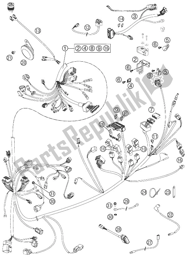 All parts for the Wiring Harness of the KTM 990 Superm T Orange ABS Australia United Kingdom 2011