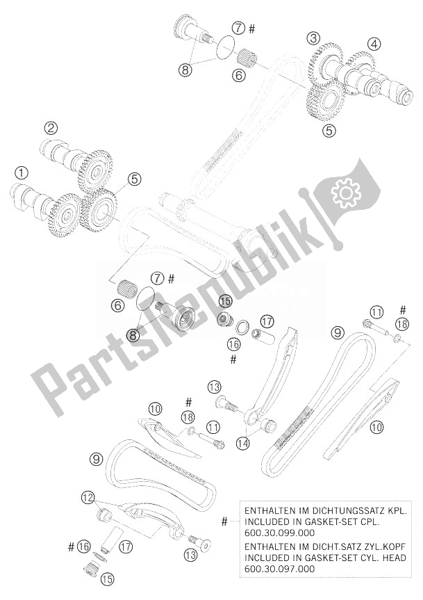 All parts for the Timing Drive Lc8 of the KTM 1300 RC 8 Europe 2007