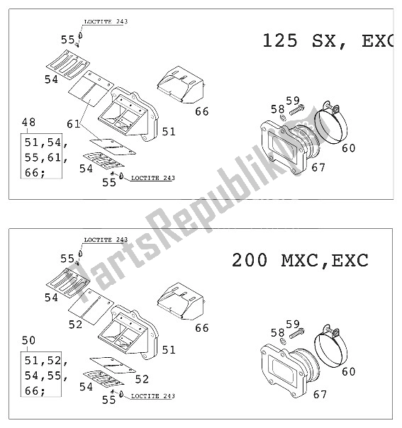 Tutte le parti per il Scatola Valvole Lamellare Cpl. 125/200 del KTM 125 EXC Europe 2001