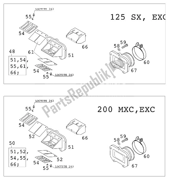 Todas las partes para Caja De Válvula De Láminas Cpl. 125/200 de KTM 125 EXC USA 2001