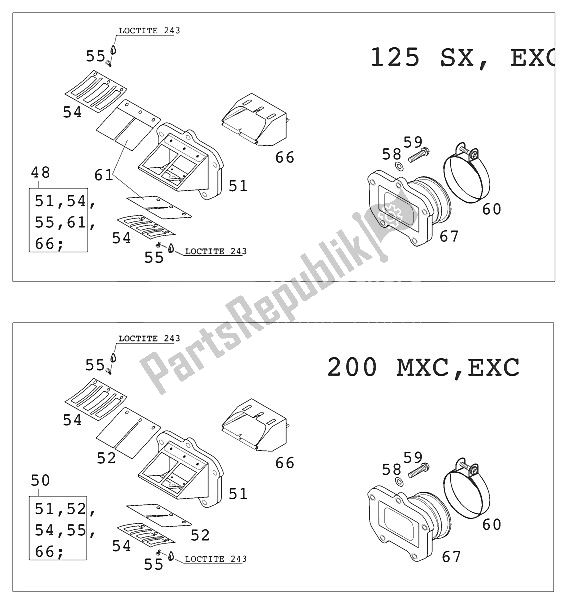 Tutte le parti per il Scatola Valvole Lamellare Cpl. 125/200 del KTM 200 EXC Australia 2001