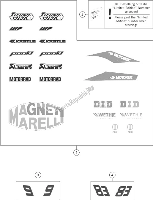 All parts for the Decal of the KTM 1190 RC 8R LIM ED Red Bull 09 Europe 2009