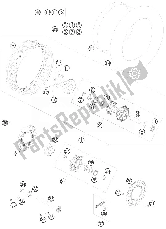 All parts for the Rear Wheel of the KTM 990 Adventure R Australia United Kingdom 2010