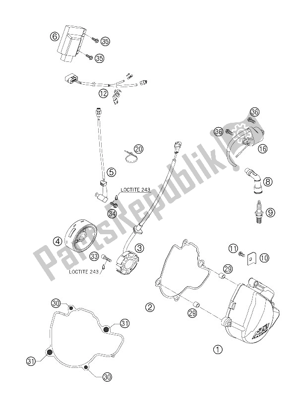 Alle onderdelen voor de Ontstekingssysteem 4k3a van de KTM 250 SX F Europe 2005