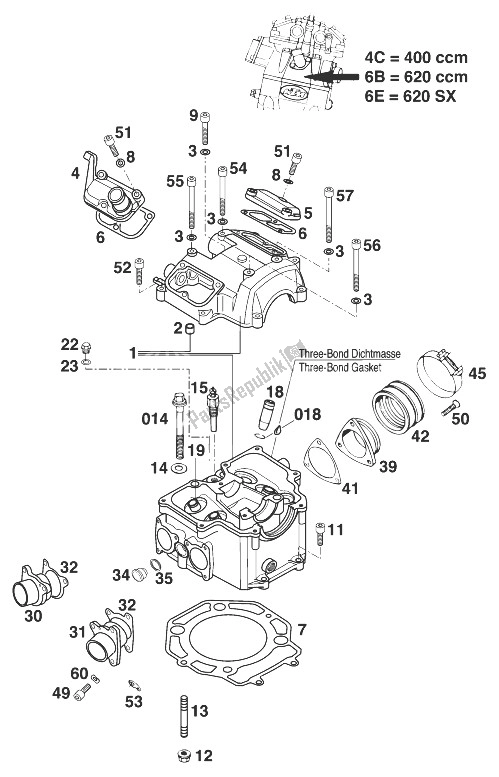 Alle onderdelen voor de Cilinderkop 400-620 Lc4 '98 van de KTM 400 SUP Comp 20 KW Europe 833789 1998