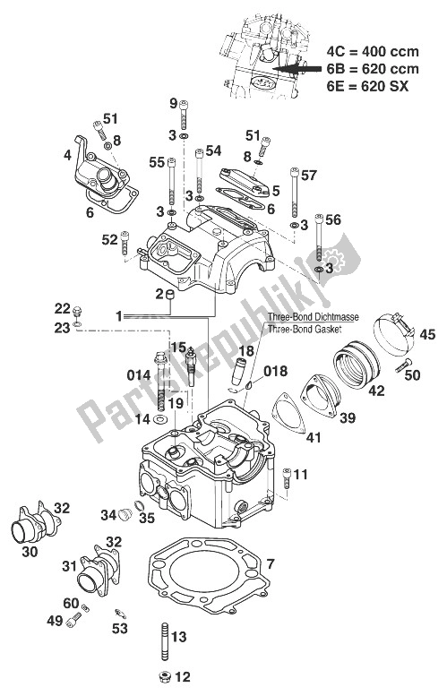 Tutte le parti per il Testata 400-620 Lc4 '98 del KTM 400 SUP Comp Europe 1998