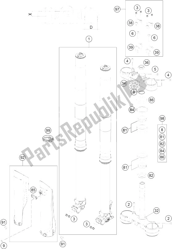 All parts for the Front Fork, Triple Clamp of the KTM 450 EXC Australia 2016