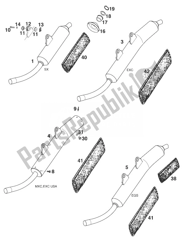 Tutte le parti per il Silenziatore 250-300 '98 del KTM 250 EXC 12 LT USA 1998