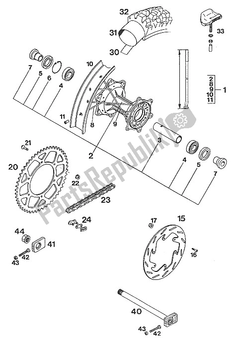 All parts for the Rear Wheel Sx,exc-superc. Lc4'94 of the KTM 350 E XC 4T Europe 1994