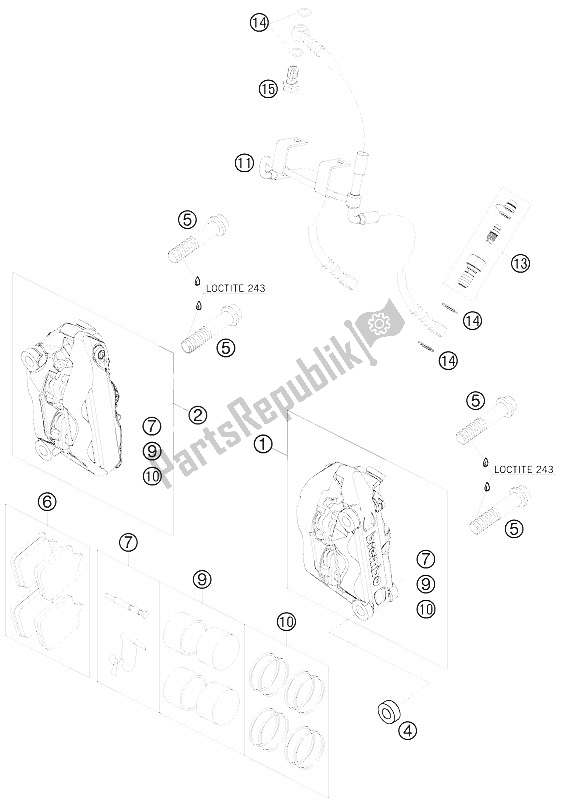 All parts for the Brake Caliper Front of the KTM 990 Super Duke Orange Australia United Kingdom 2009