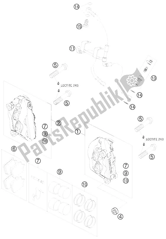 All parts for the Brake Caliper Front of the KTM 990 Super Duke White France 2009