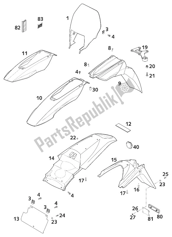 Alle onderdelen voor de Masker, Spatborden Lc4 van de KTM 640 LC4 E Europe 970316 2001