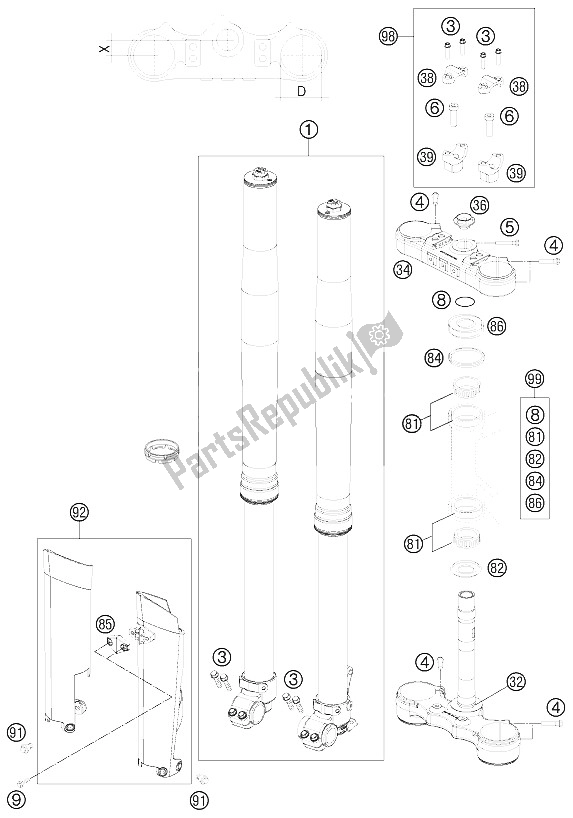 All parts for the Front Fork, Triple Clamp of the KTM 200 EXC Australia 2012