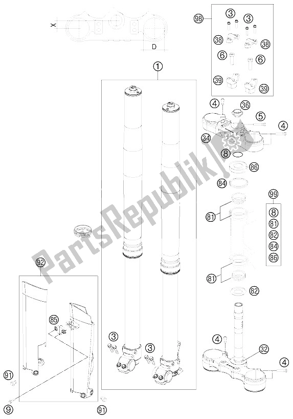 All parts for the Front Fork, Triple Clamp of the KTM 250 EXC Europe 2012