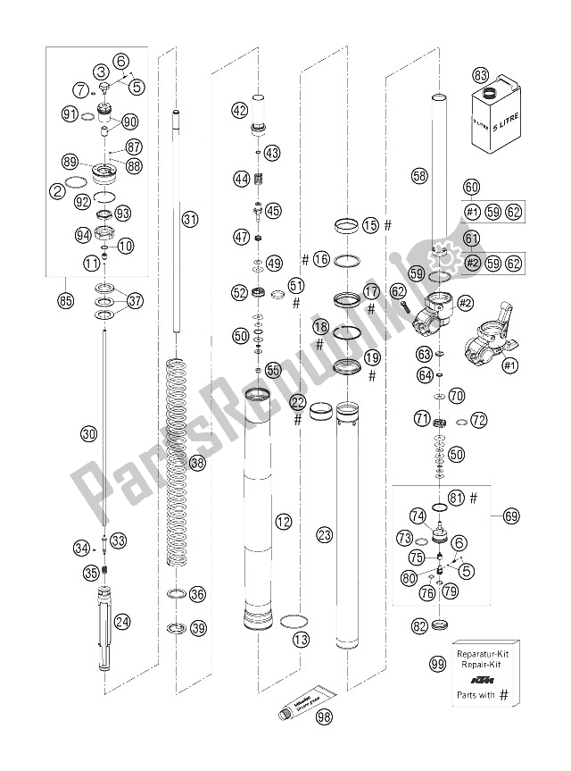 Tutte le parti per il Smontaggio Forcella Anteriore del KTM 250 SXS Europe 2005