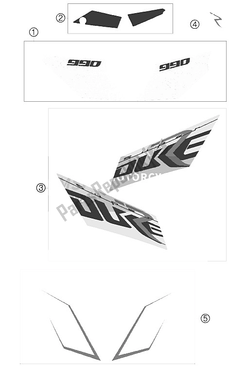 All parts for the Decal of the KTM 990 Super Duke R Australia United Kingdom 2009