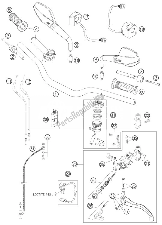 All parts for the Handlebar, Controls of the KTM 990 Super Duke Anthrazit 07 France 2007