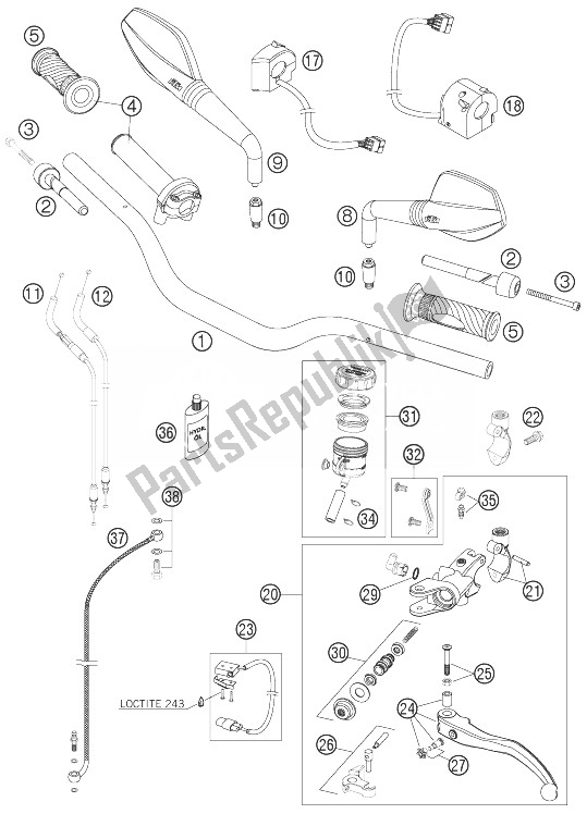 Todas as partes de Guiador, Controles do KTM 990 Super Duke Orange Australia United Kingdom 2007