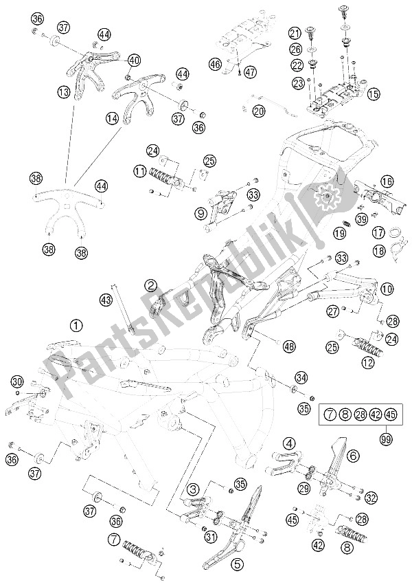 All parts for the Frame of the KTM 1190 RC8 R Black France 2012