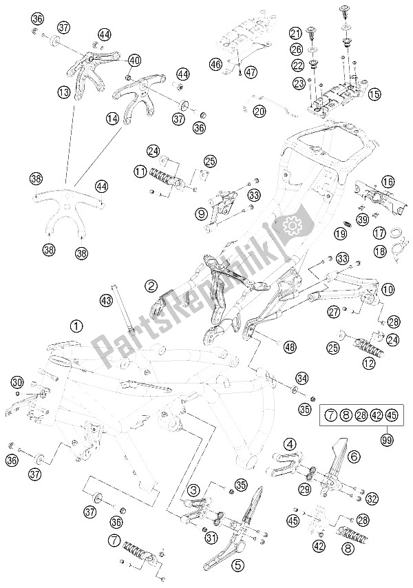 All parts for the Frame of the KTM 1190 RC8 R White USA 2015