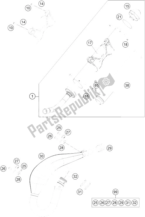 All parts for the Exhaust System of the KTM 300 EXC CKD Brazil 2016