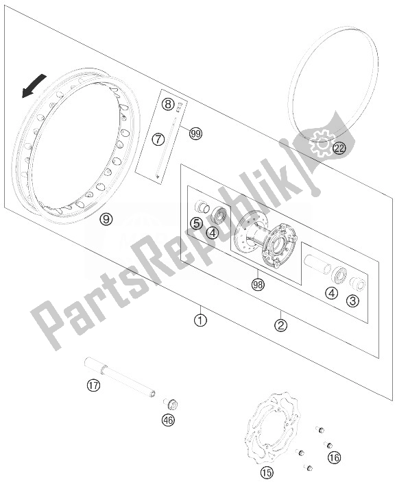 All parts for the Front Wheel of the KTM 50 SX Mini Europe 2014