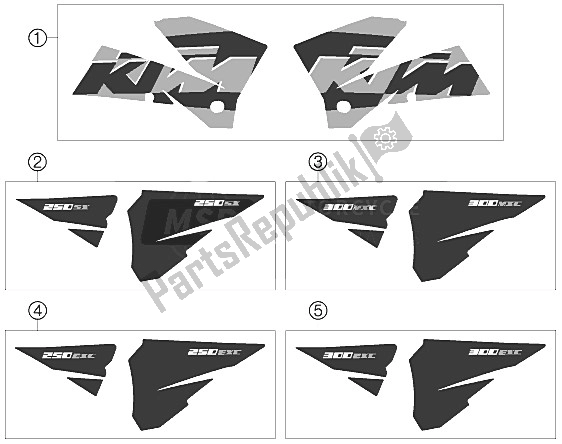 All parts for the Decal 250/300 of the KTM 250 EXC USA 2005