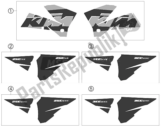 All parts for the Decal 250/300 of the KTM 300 MXC USA 2005