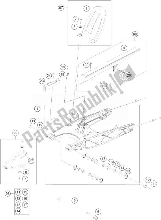 All parts for the Swing Arm of the KTM 200 Duke White ABS Europe 2013