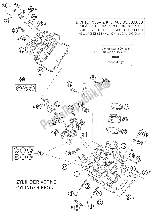 All parts for the Cylinder Head Front of the KTM 990 Superduke Black Japan 2005